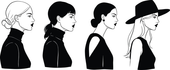 Stylish profile illustrations of four women with different hairstyles and outfits, showcasing fashion, elegance, and diverse beauty concepts. © Frd Art