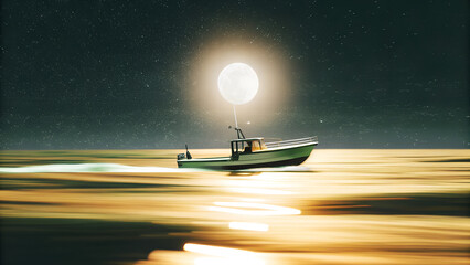 Boat drifting in ocean after storm under moonlight nature hope and resilience concept