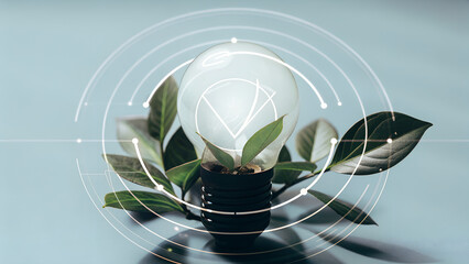 Green energy concept wireless light bulb surrounded leaves carbon-neutral ad sustainable resources