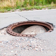 Damaged road with exposed manhole