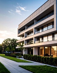 Modern Apartment Building Exterior with Landscaping.