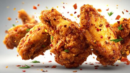 Chicken wings in mid-flight crumbs and spices flying off