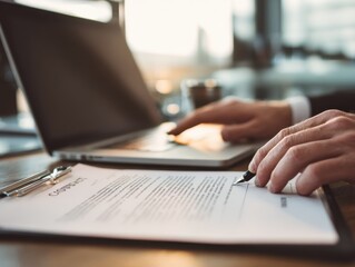 Fototapeta premium Preparing contract agreement or document. Hands typing on laptop computer keyboard. Businessman working at desk in office.