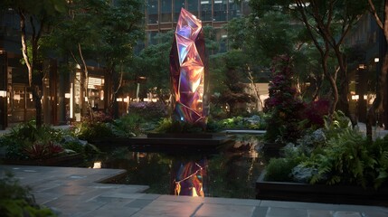 Iridescent crystal sculpture in urban garden park with pond and trees outdoor landscape for architecture design
