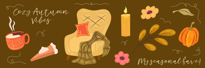 Autumn cottagecore background with chalk texture. Cozy autumn design for thanksgiving season with coffee, pumpkin and armchair