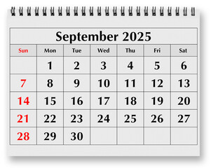 Fototapeta na wymiar Page of annual monthly calendar - month september 2025