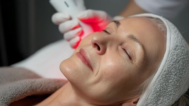 Close up face of senior woman during a radio frequency skin tightening session, skin tightening, nonsurgical lift treatment in beauty clinic	