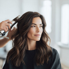 Fototapeta premium Elegant woman getting styled at a salon. Shows beauty, selfcare and transformation. Ideal for beauty blogs, hair product ads or lifestyle content. Authentic and clean.