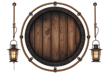 Wooden barrel with lanterns hanging isolated on transparent background