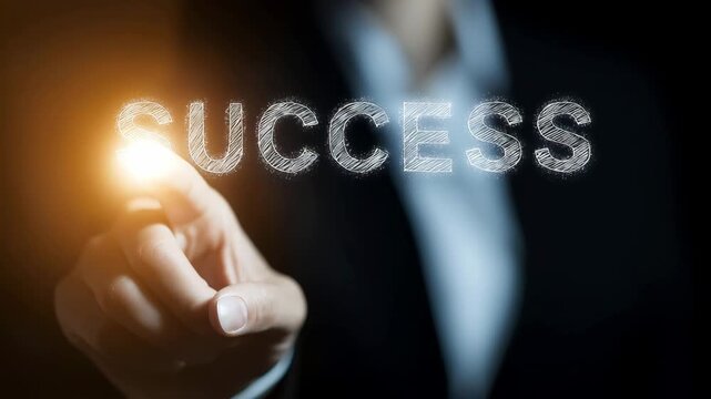 Close up of a businesswoman hand with pointing forward with glowing letters forming the word "SUCCESS" at the fingertip	