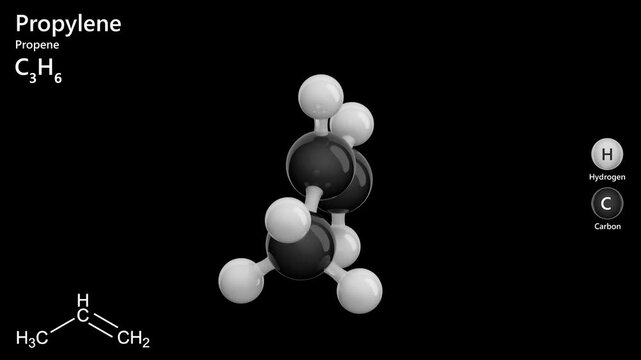 Molecule: Propylene. Classification: Alkene. Colorless gas. Molecular formula: C3H6. Chemical model: Ball and sticks. Black background. Seamless loop. 3D rendering.