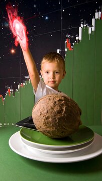 Child wielding glowing orb over large potato, against backdrop of stock charts and night sky
