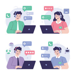 Group of Call Center Employees with Laptops and Chat Icons, Online Customer Service and Digital Communication Vector
