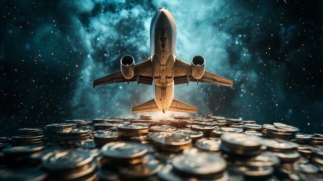 An airliner takes off above a pile of gold coins against the backdrop of space, symbolizing success and investment.
Useful for articles about business, finance, success, innovation 