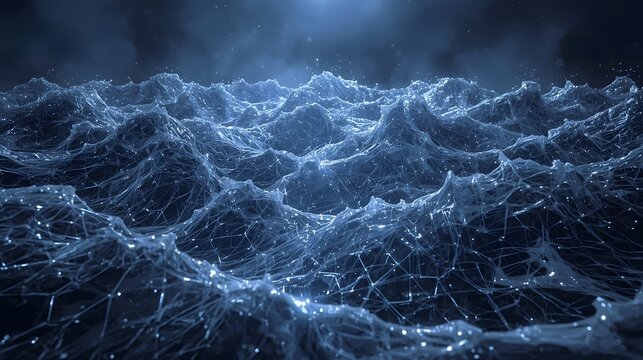 An abstract night-time landscape of a digital ocean, with waves formed by a glowing blue data network or connected neural pathways under a dark, starry sky