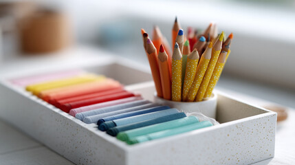 Vibrant colored pencils and pastels arranged in a tray, evoking creativity, artistry, and learning. Perfect for projects about design, education, or artistic expression.
