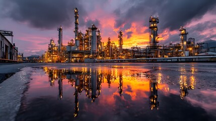 Naklejka premium Wide-angle, long-exposure photograph of a sprawling industrial plant at twilight. Its intricate network of pipes and towers is brilliantly illuminated.