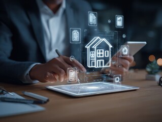 Real Estate Management, Professional Using Digital Technology and Online Tools for Property Analysis and Checklist in a Modern Workspace.