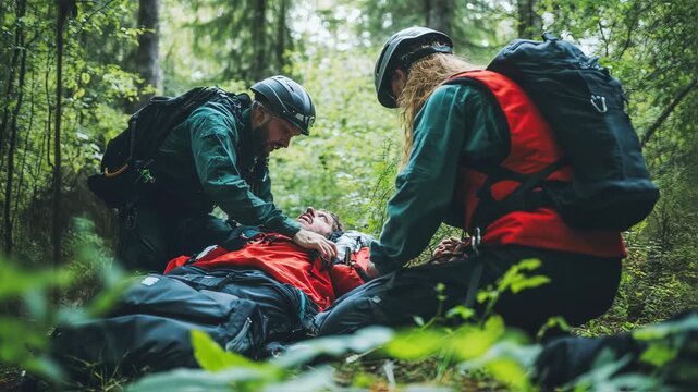 Emergency response team providing medical assistance to an injured hiker in a remote forest