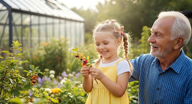 Joyful granddaughter and grandfather share a sweet moment exploring nature's bounty in a sunny garden greenhouse