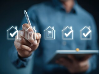 Real estate checklist concept showing a professional using digital tools to evaluate property tasks, highlighting housing management, investment planning, task tracking, approval processes