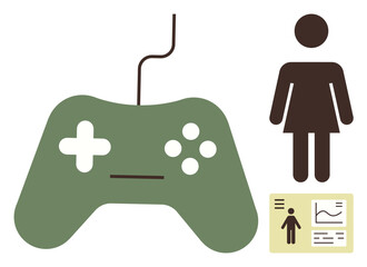 Green gaming controller with cable, female figure icon, and chart with graphs and profile card. Ideal for gaming, technology, user analytics, gender representation, data-based decision