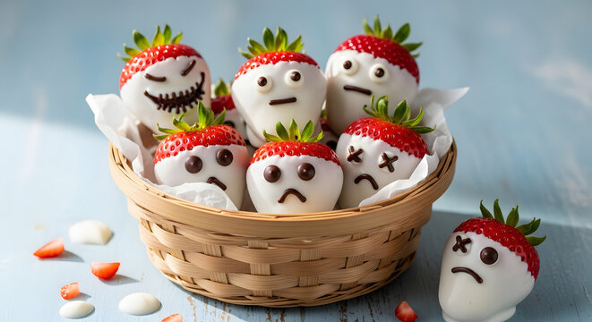 Cute and spooky halloween ghost strawberries dipped in white chocolate with funny faces in a basket