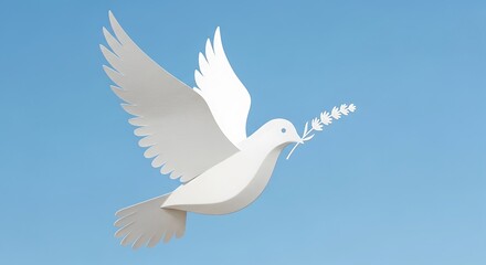 Fototapeta premium Graceful white dove carrying olive branch in clear blue sky symbolizing hope and peace