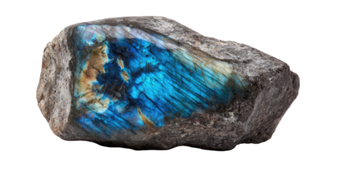 Raw, iridescent, blue-toned gemstone nestled within a gray matrix