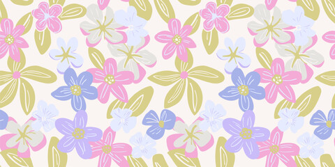 Cute floral seamless pattern. Abstract vector background with hand-drawn summer flowers, leaves. Modern texture in girlish colors. Repeating design for decor, textile, print, package, cloth, apparel