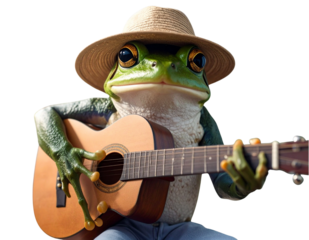 Frog Playing Guitar with Straw Hat, Fun Scene, Transparent PNG