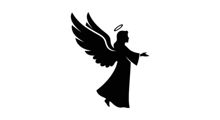 Elegant black silhouette of an angel with outstretched wings and a halo.