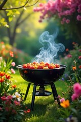 A vibrant spring scene featuring a grill sizzling with food, surrounded by blooming flowers and lush greenery, embodying the joy of outdoor cooking in the season , grill marks, barbecue