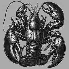 Detailed black and white illustration of a lobster