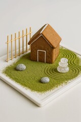Miniature fairy tale cottage with green garden and decorative elements on white background