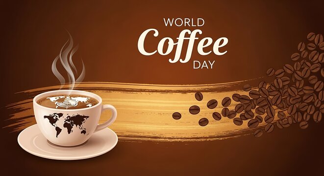 Celebrate World Coffee Day with a steaming cup featuring a global map design and rich coffee beans scattered across a warm background.
