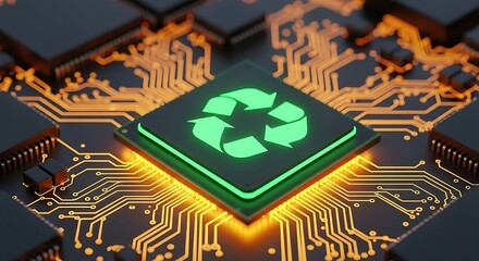 Central computer chip featuring a green recycling symbol, surrounded by illuminated orange circuits, representing ecofriendly technology and sustainability