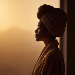 Serene portrait of a woman in a robe and towel, silhouetted against a warm, golden light. Evokes peace, relaxation, wellness, and selfcare. Great for beauty, spa, or lifestyle content.