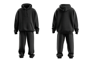 Full view of a dark gray hoodie and pants set, front and back