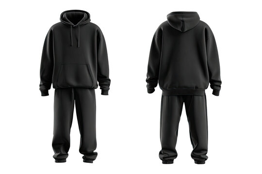 Full view of a dark gray hoodie and pants set, front and back