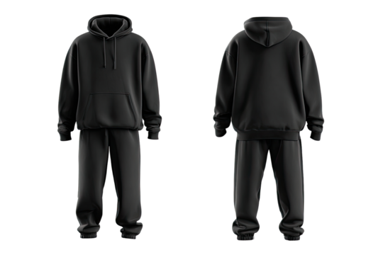 Full view of a dark gray hoodie and pants set, front and back