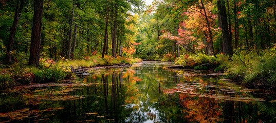 Autumn forest river landscape scenic view with colorful foliage and water reflections photography