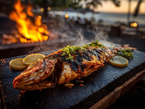 Fihunu Mas - grilled whole fish from the Maldives, shown on a black lava rock plate. A large snapper or jobfish, skin charred and crispy, golden-brown with black grill marks, slightly curled from heat