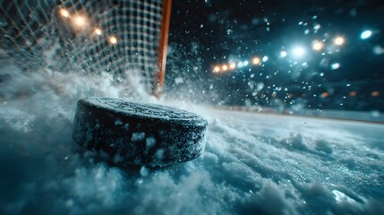 High-speed action photograph of a hockey puck hitting the back of the goal net, creating an explosive spray of ice that sparkles under dramatic blue arena lighting.