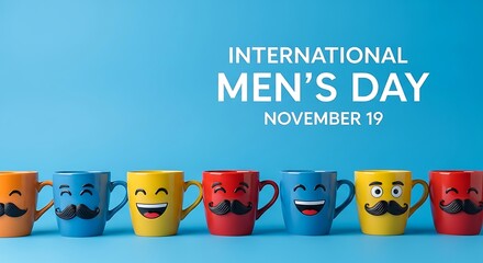 Celebrate International Men's Day with cheerful mustache mugs on November 19th, a vibrant tribute to men