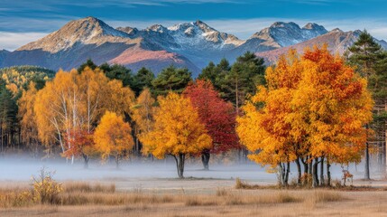 Fototapeta premium Autumn colors in mountain landscape serene nature scene majestic rocky mountains tranquil environment scenic viewpoint