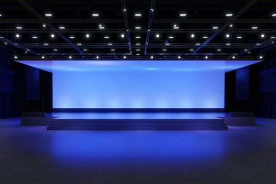 Empty stage Design for mockup and Corporate identity,Display.Platform elements in hall.Blank screen system for Graphic Resources.Scene event led night light staging.3d Background for online.3 render.