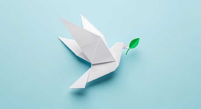 Elegant origami dove carrying green leaf symbolizes peace and hope, perfect for global unity campaigns