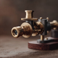 Detailed macro shot of a steampunk device with intricate gears. Evokes retrofuturism, invention, and mechanical artistry. Ideal for designs requiring a vintage or fantasy element.