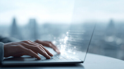 Hands typing on a laptop, glowing with data. Implies technology, innovation, remote work, coding, or creativity. Ideal for business, IT or modern lifestyle.